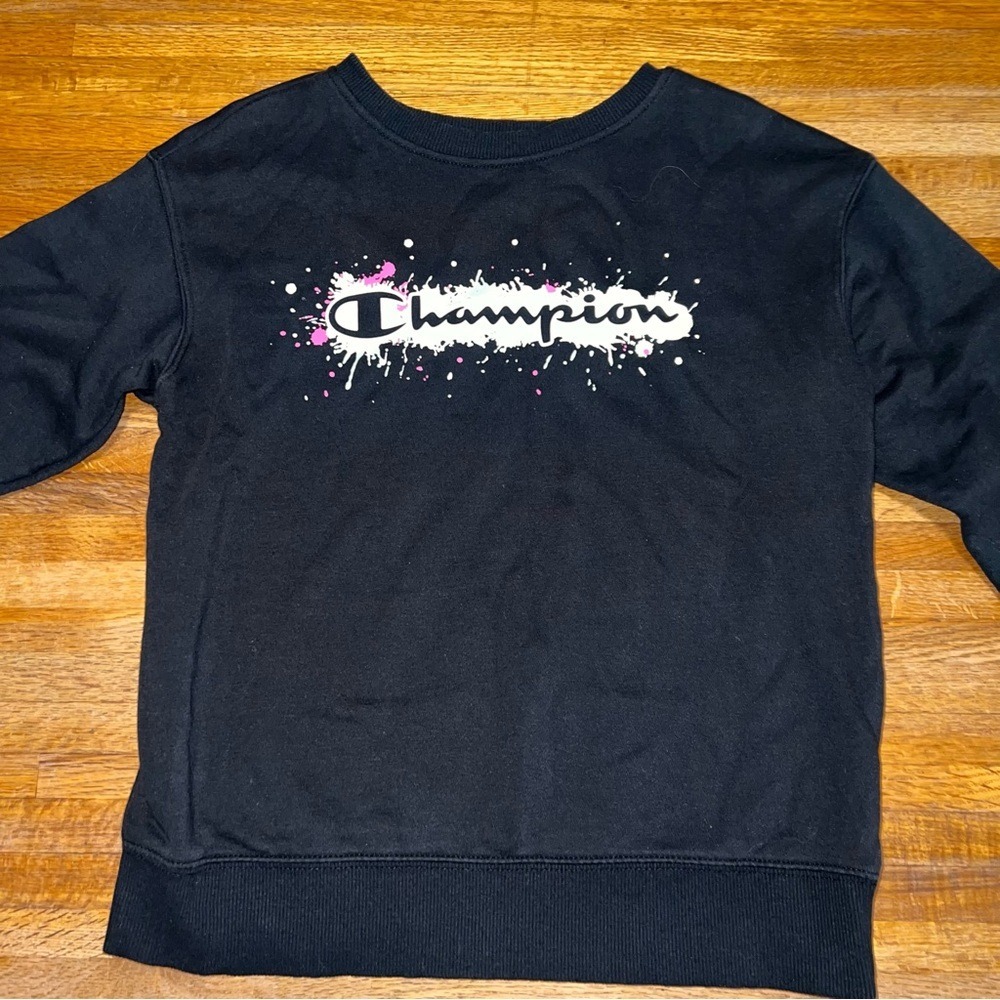 Champion Youth Girl LG Black Splash Paint Logo‎ Long Sleeve Pullover Sweatshirt